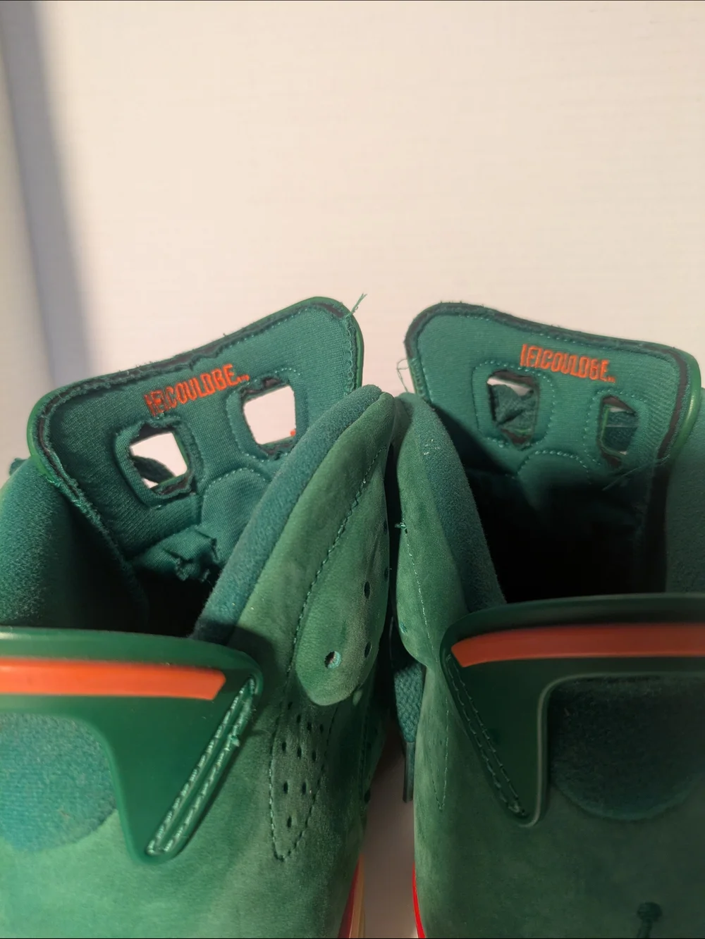 Jordan Men's Green Suede Athletic Shoes with Orange Accents